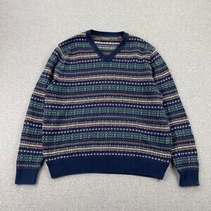 y2k John Bartlett Consensus Sweater Mens L Navy Blue Fair Isle Nordic Retro Knit